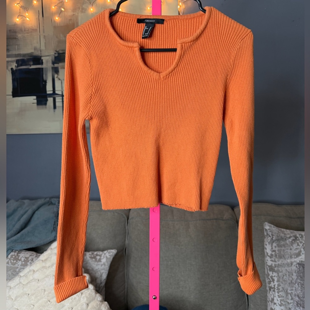 Forever 21 Ribbed Crop Top Orange Long Sleeve Keyhole Neck Size M